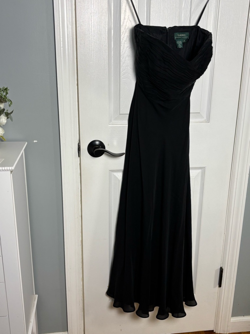 Vintage Lauren Ralph Lauren Black Strapless Ruched Chiffon Maxi Gown Size 4